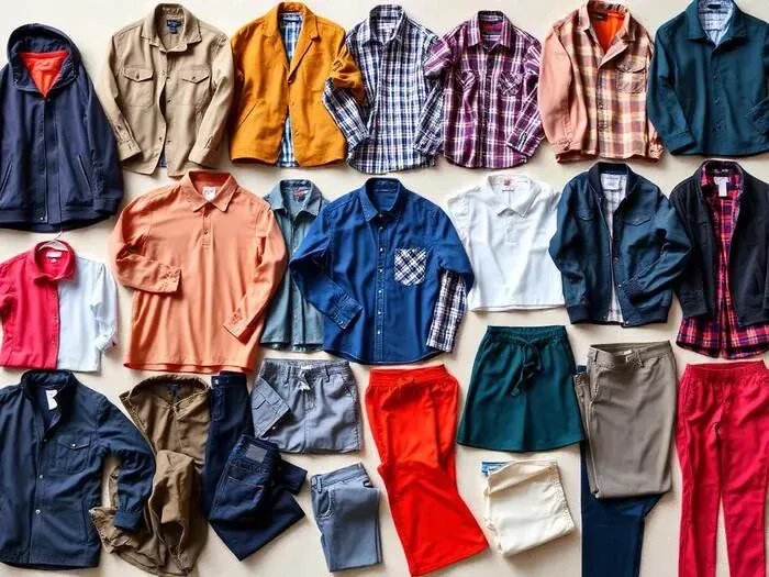 Assorted men's, women's and children's clothing laid out neatly